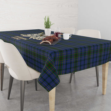 Cockburn Blue Tartan Tablecloth with Clan Crest and the Golden Sword of Courageous Legacy