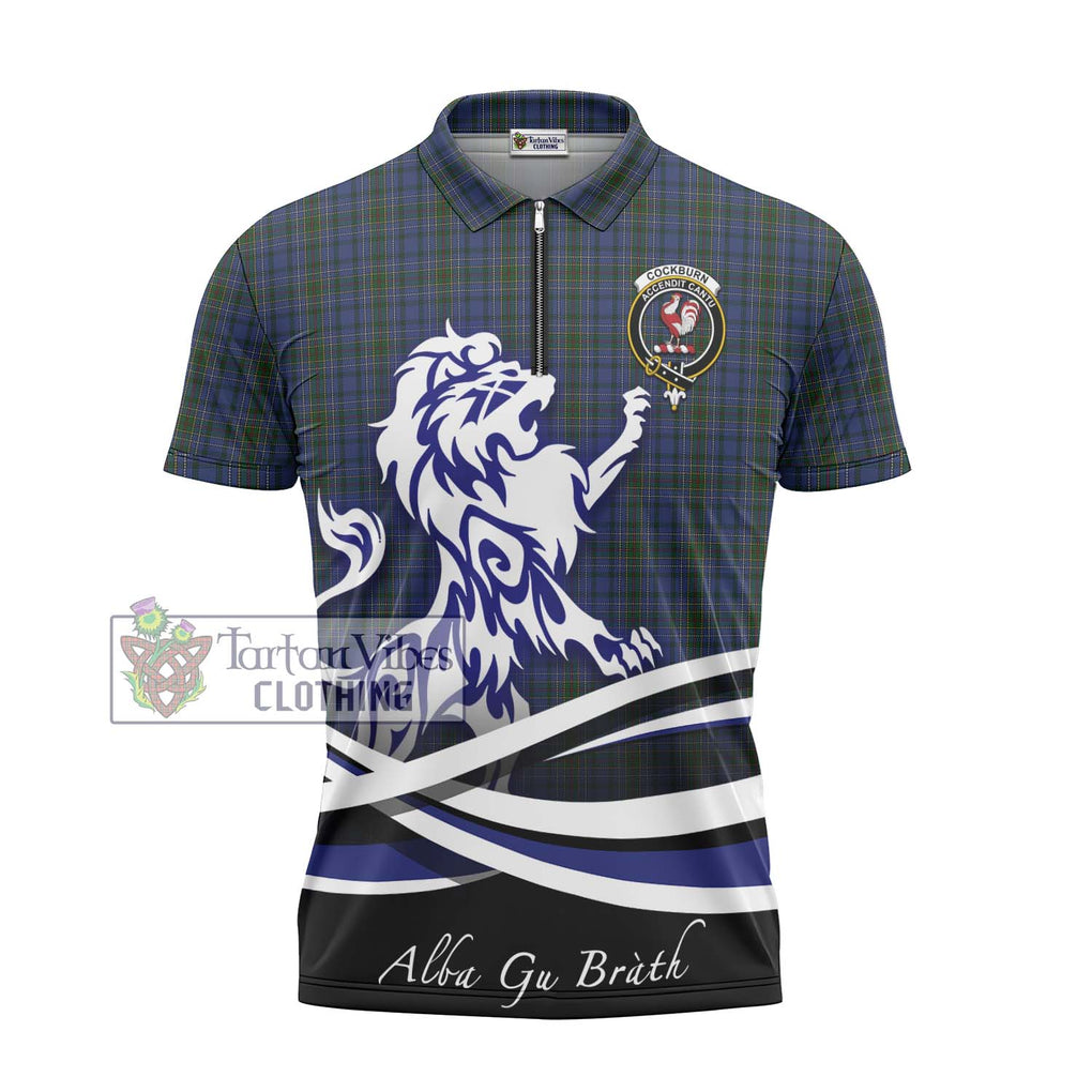 Cockburn Blue Tartan Zipper Polo Shirt with Alba Gu Brath Regal Lion Emblem - Tartanvibesclothing Shop