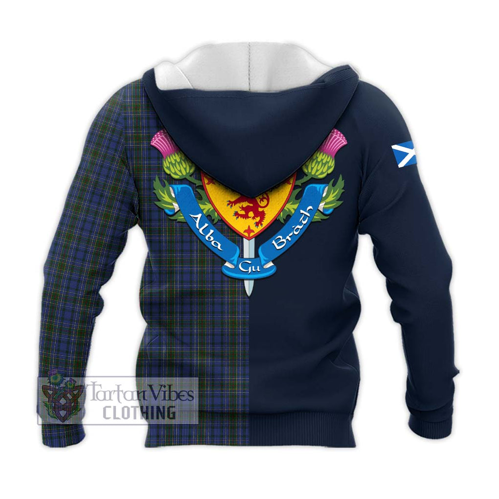 Tartan Vibes Clothing Cockburn Blue Tartan Knitted Hoodie with Scottish Lion Royal Arm Half Style