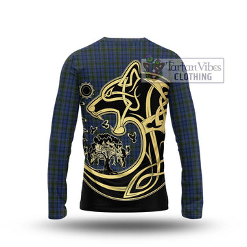 Cockburn Blue Tartan Long Sleeve T-Shirt with Family Crest Celtic Wolf Style