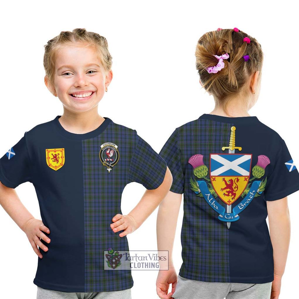 Tartan Vibes Clothing Cockburn Blue Tartan Kid T-Shirt with Scottish Lion Royal Arm Half Style