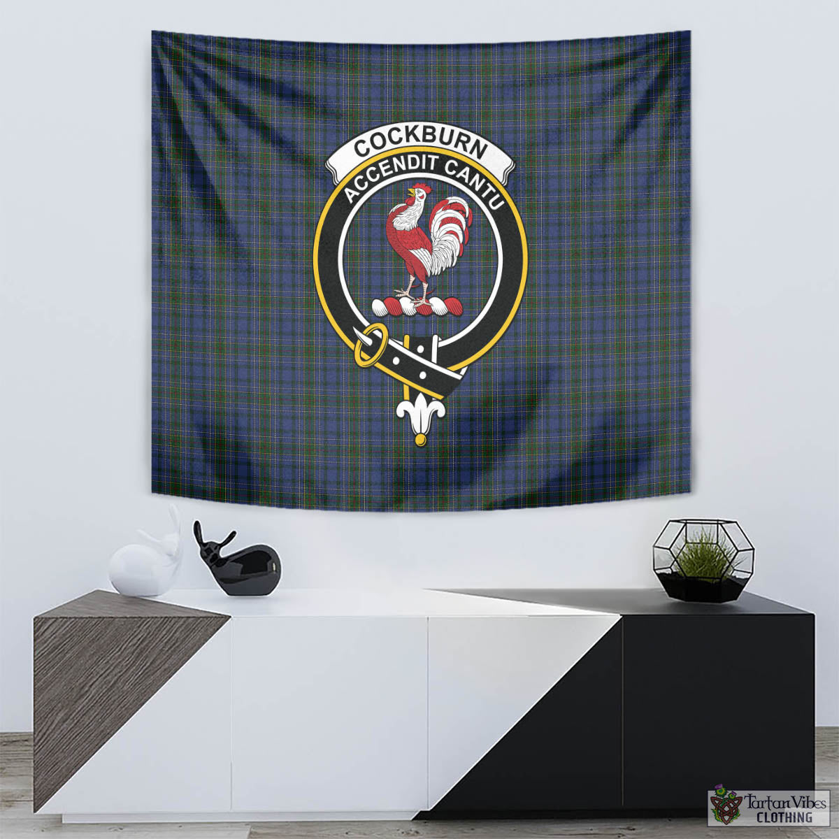 Tartan Vibes Clothing Cockburn Blue Tartan Tapestry Wall Hanging and Home Decor for Room with Family Crest