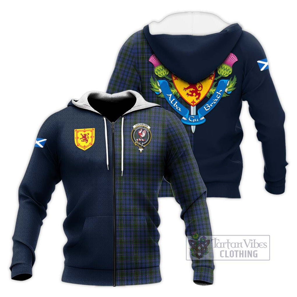 Tartan Vibes Clothing Cockburn Blue Tartan Knitted Hoodie with Scottish Lion Royal Arm Half Style