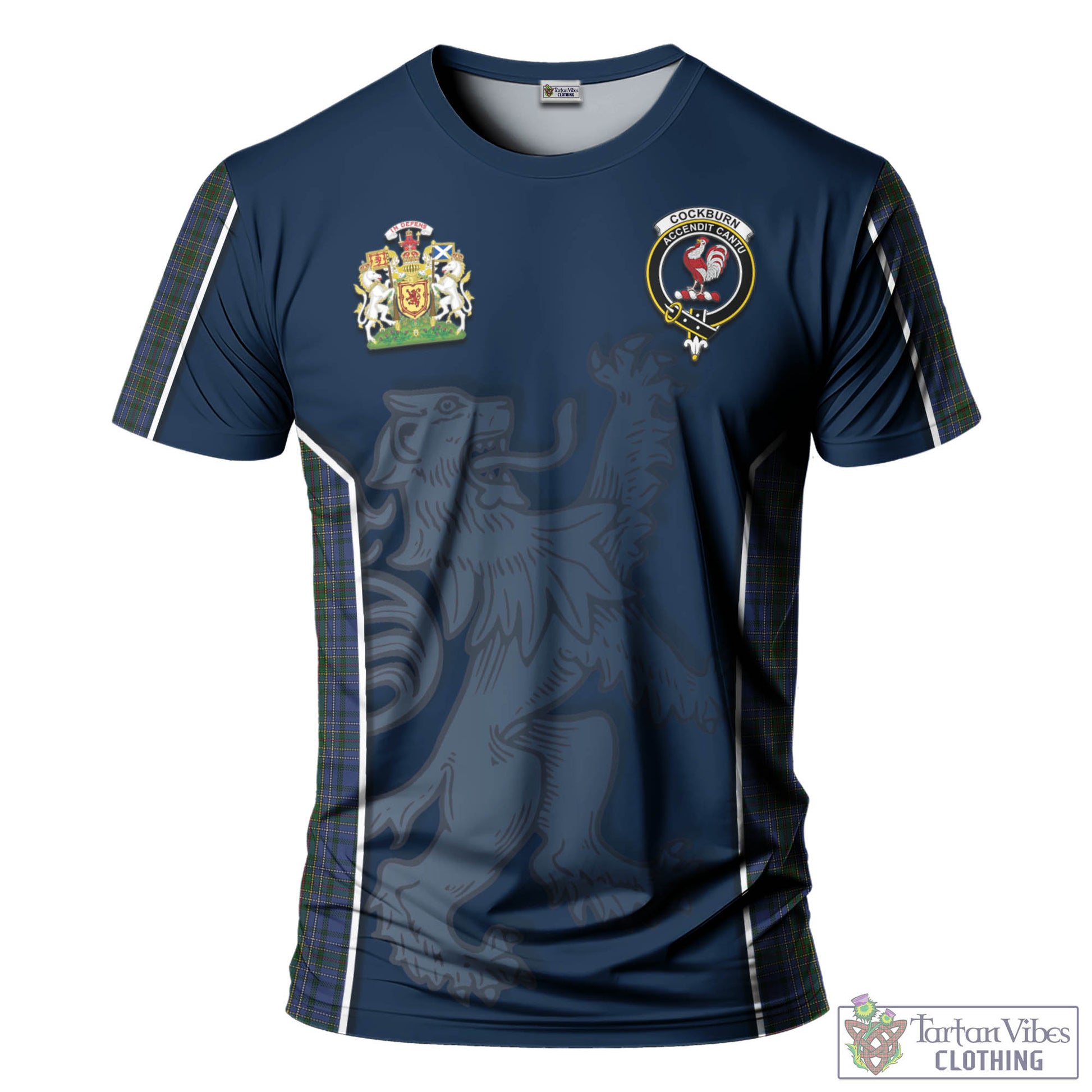 Tartan Vibes Clothing Cockburn Blue Tartan T-Shirt with Family Crest and Lion Rampant Vibes Sport Style