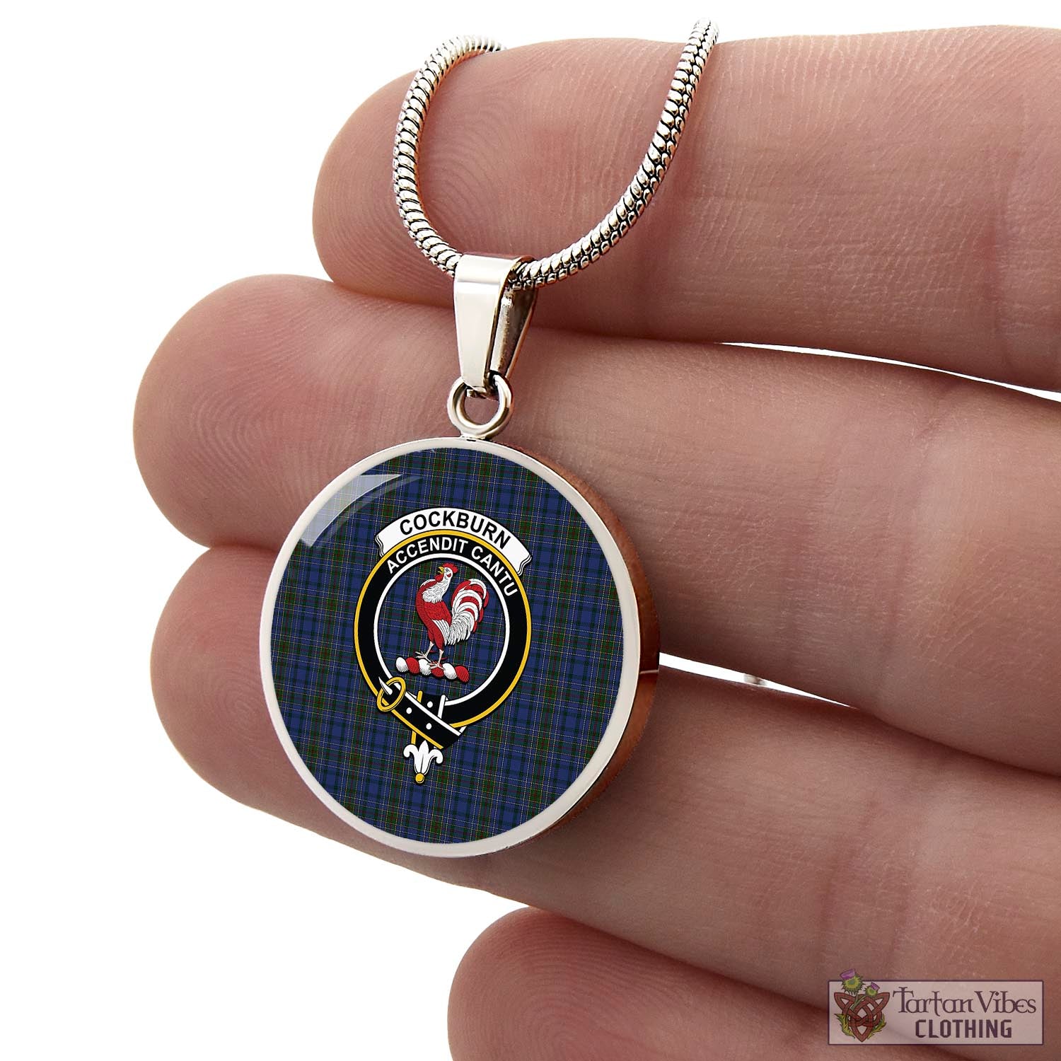 Tartan Vibes Clothing Cockburn Blue Tartan Circle Necklace with Family Crest