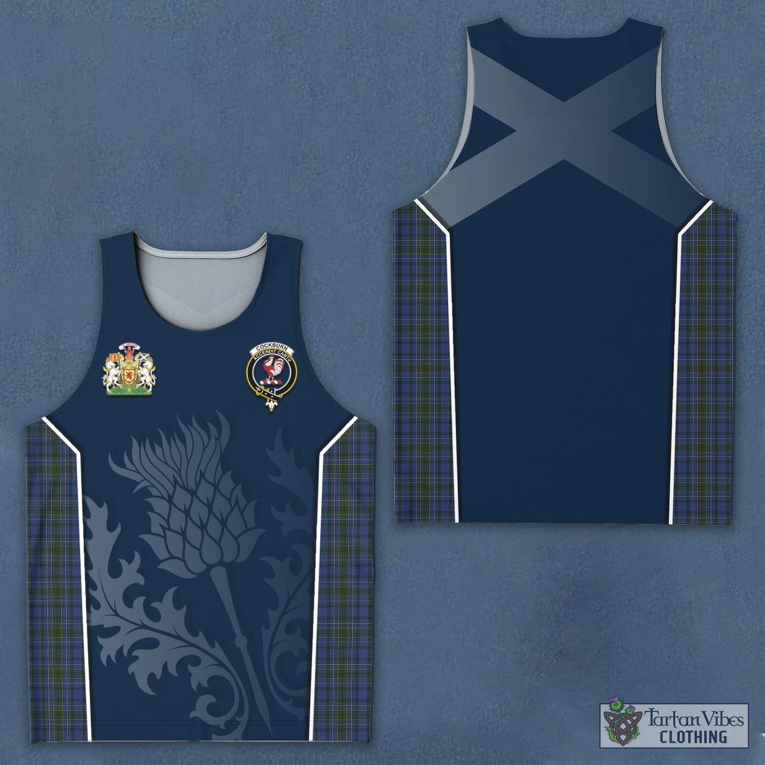 Tartan Vibes Clothing Cockburn Blue Tartan Men's Tanks Top with Family Crest and Scottish Thistle Vibes Sport Style