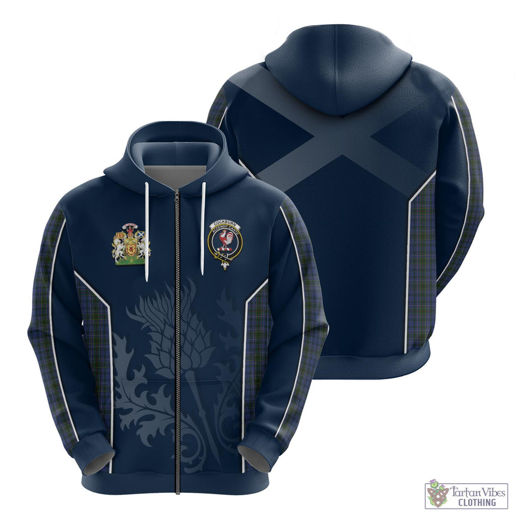 Tartan Vibes Clothing Cockburn Blue Tartan Hoodie with Family Crest and Scottish Thistle Vibes Sport Style