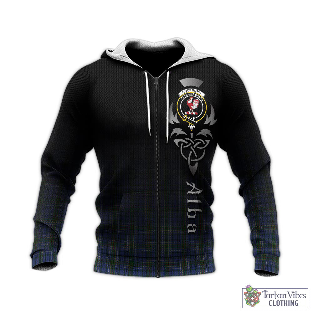 Tartan Vibes Clothing Cockburn Blue Tartan Knitted Hoodie Featuring Alba Gu Brath Family Crest Celtic Inspired