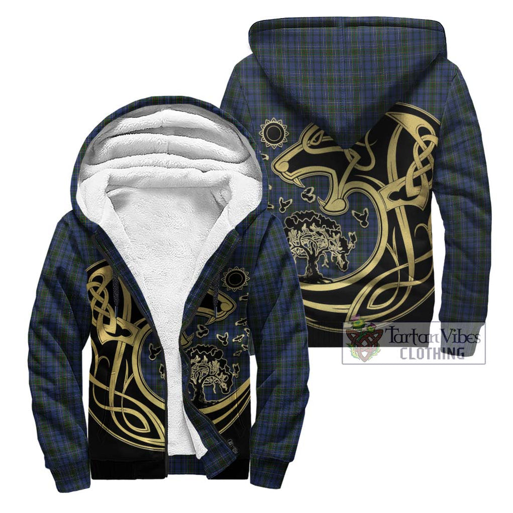 Cockburn Blue Tartan Sherpa Hoodie with Family Crest Celtic Wolf Style Unisex - Tartan Vibes Clothing