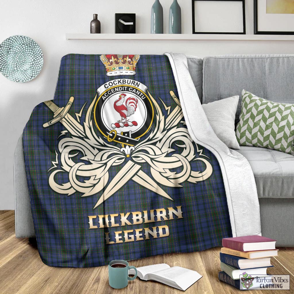 Tartan Vibes Clothing Cockburn Blue Tartan Blanket with Clan Crest and the Golden Sword of Courageous Legacy