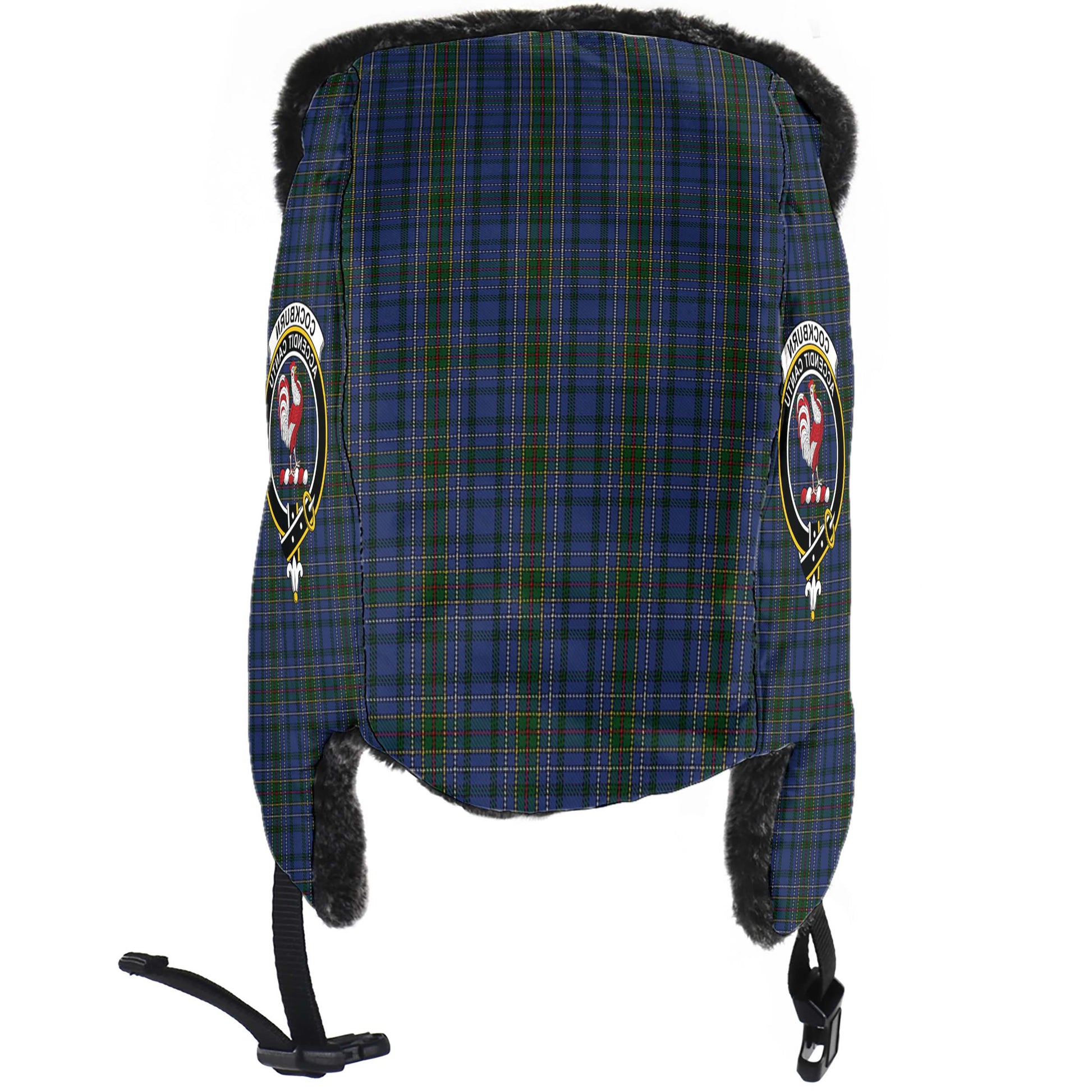 Cockburn Blue Tartan Winter Trapper Hat with Family Crest - Tartanvibesclothing