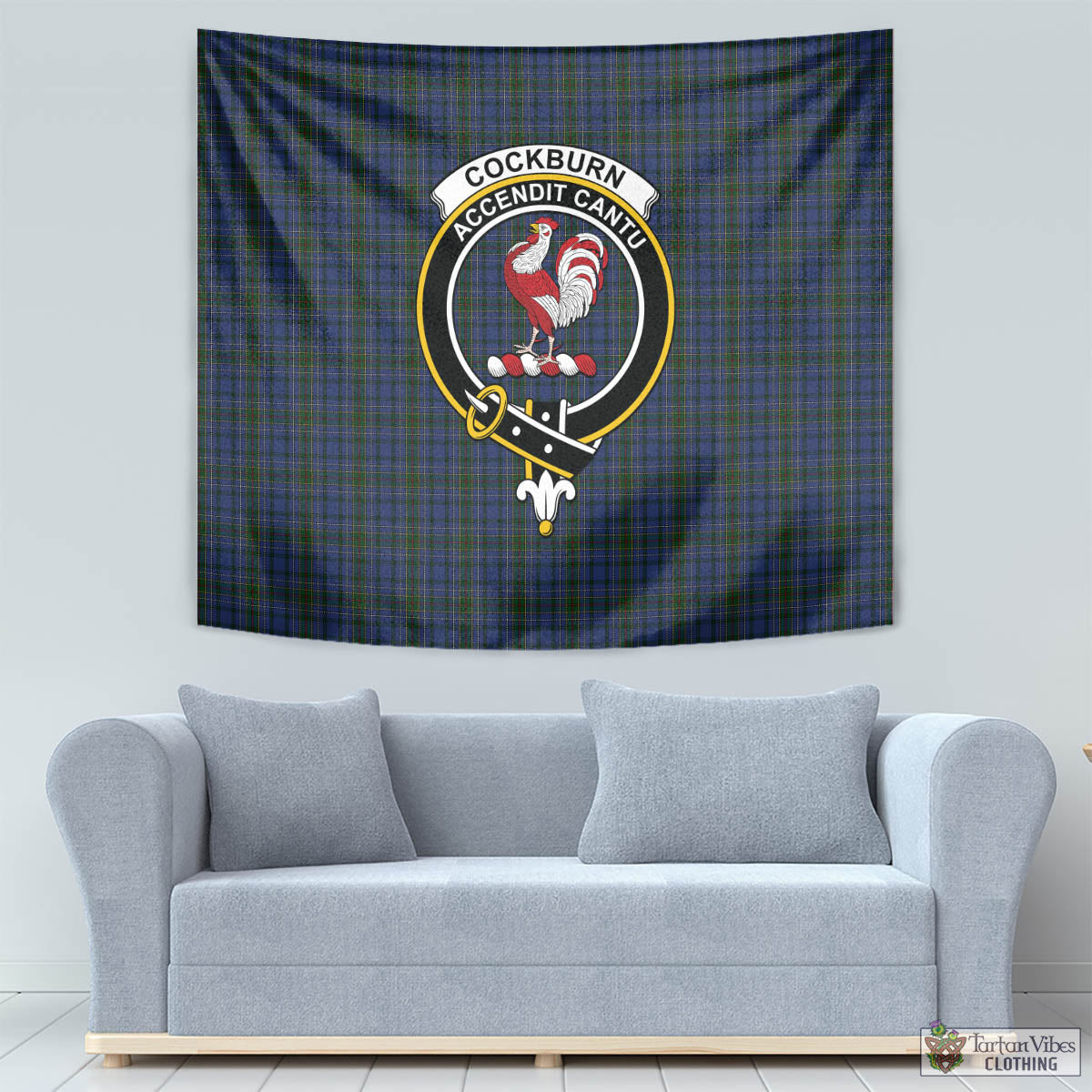 Tartan Vibes Clothing Cockburn Blue Tartan Tapestry Wall Hanging and Home Decor for Room with Family Crest