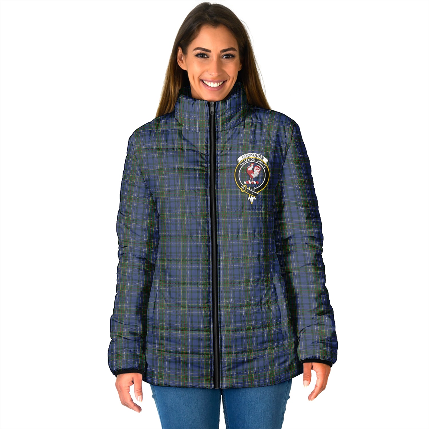 Cockburn Blue Tartan Padded Jacket with Family Crest - Tartan Vibes Clothing