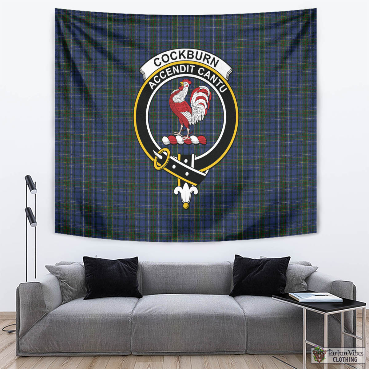 Tartan Vibes Clothing Cockburn Blue Tartan Tapestry Wall Hanging and Home Decor for Room with Family Crest