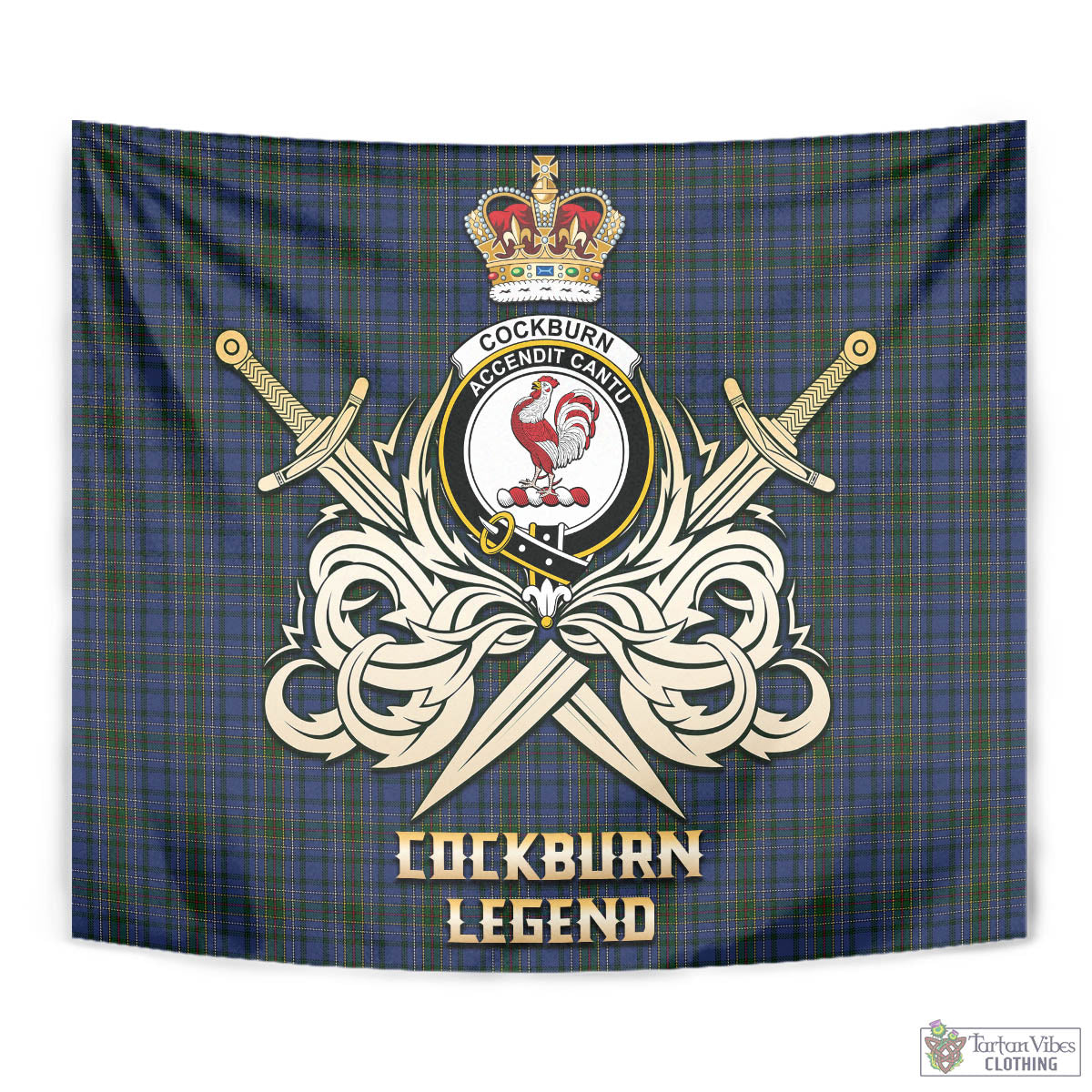 Tartan Vibes Clothing Cockburn Blue Tartan Tapestry with Clan Crest and the Golden Sword of Courageous Legacy