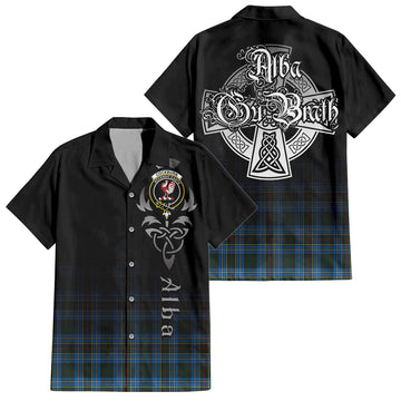 Cockburn Modern Tartan Short Sleeve Button Up Shirt Featuring Alba Gu Brath Family Crest Celtic Inspired