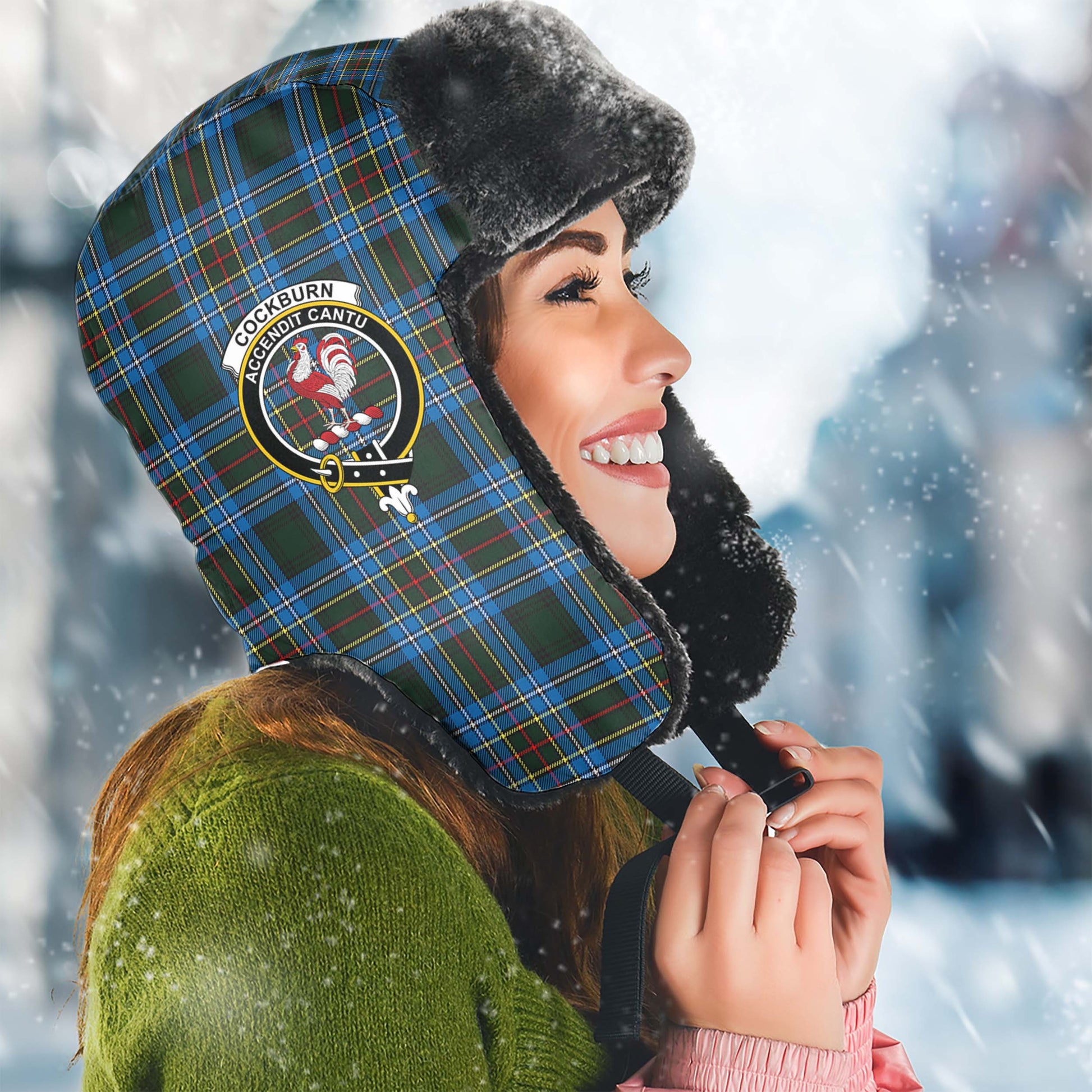 Cockburn Modern Tartan Winter Trapper Hat with Family Crest Winter Trapper Hat Universal Fit Circumference 22.8in (58cm) - Tartanvibesclothing