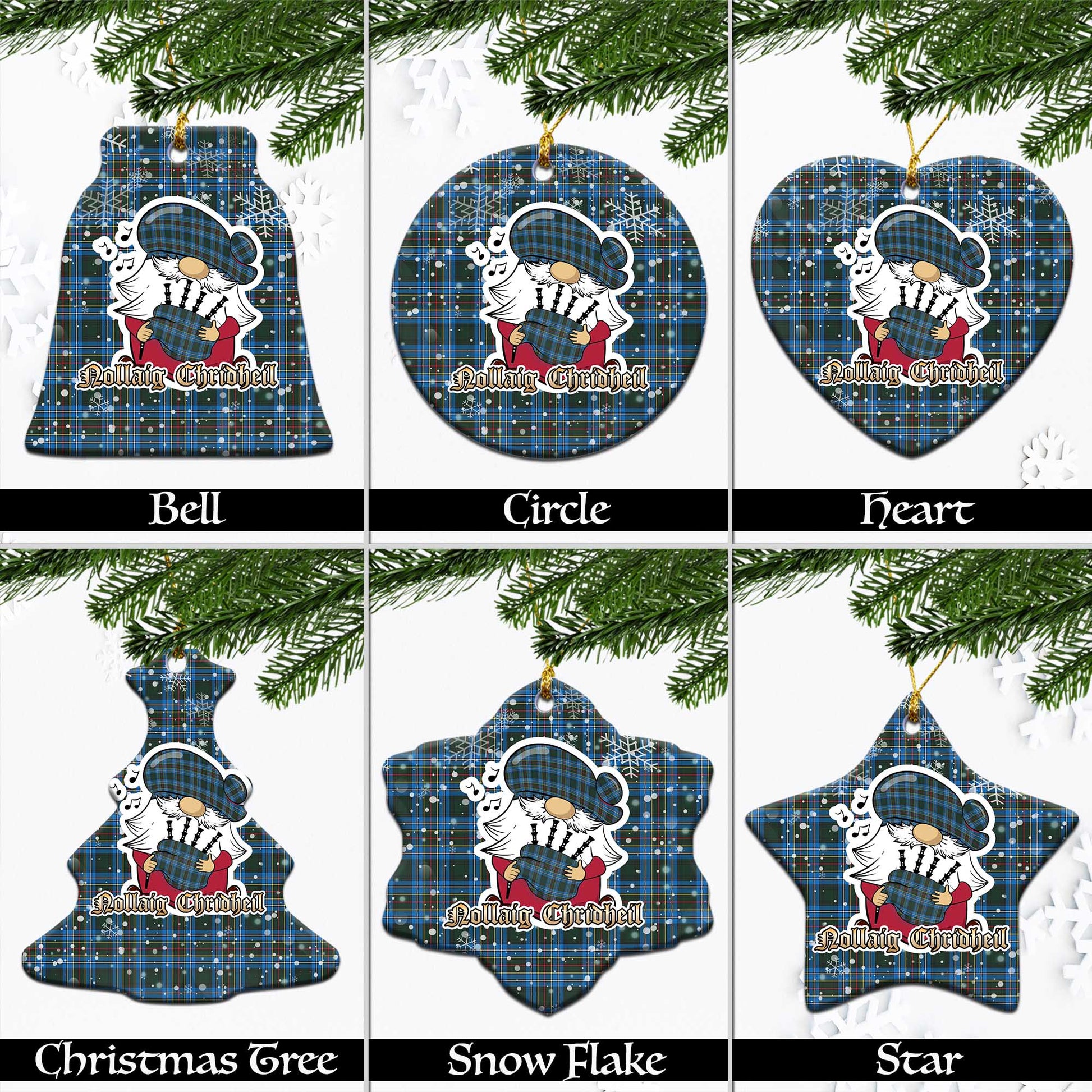 Cockburn Modern Tartan Christmas Ornaments with Scottish Gnome Playing Bagpipes Ceramic - Tartanvibesclothing