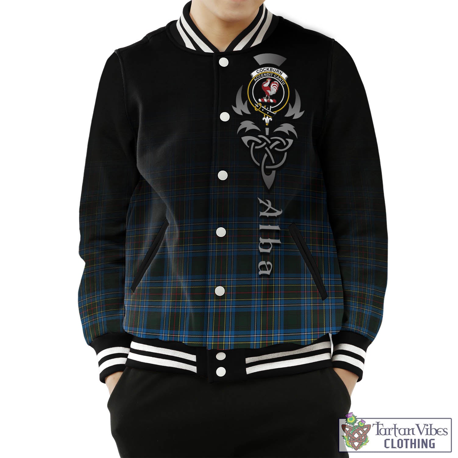 Tartan Vibes Clothing Cockburn Modern Tartan Baseball Jacket Featuring Alba Gu Brath Family Crest Celtic Inspired