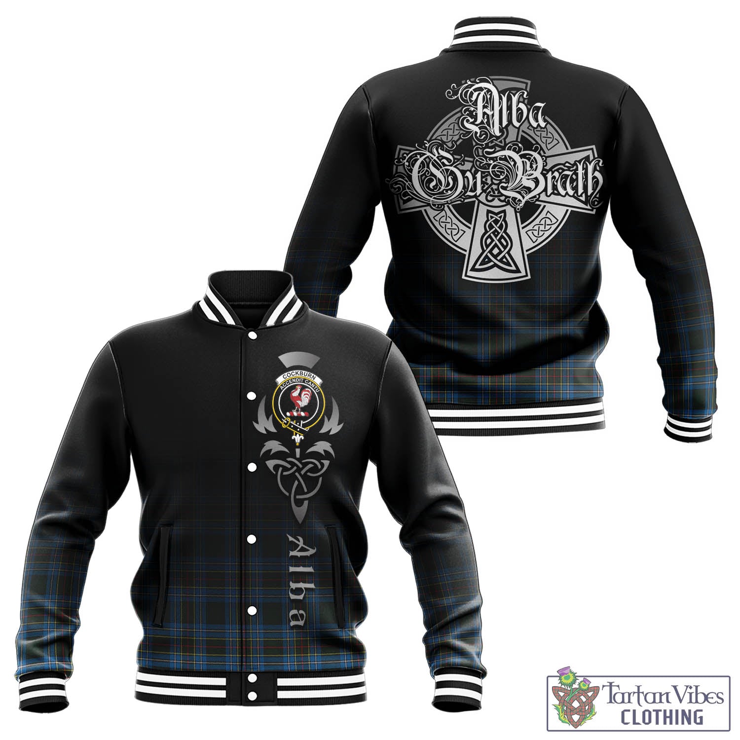 Tartan Vibes Clothing Cockburn Modern Tartan Baseball Jacket Featuring Alba Gu Brath Family Crest Celtic Inspired