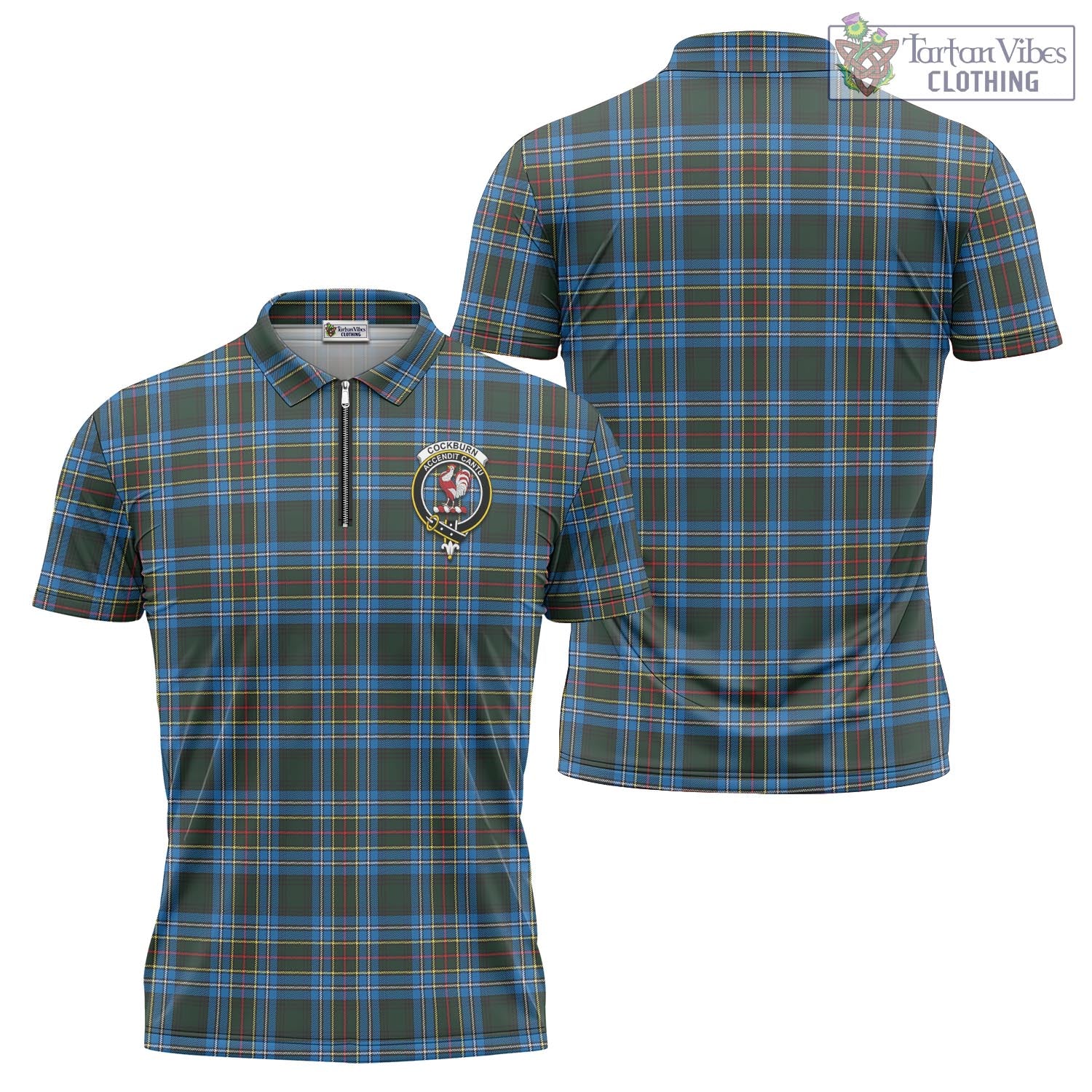 Tartan Vibes Clothing Cockburn Modern Tartan Zipper Polo Shirt with Family Crest