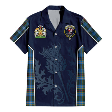 Cockburn Modern Tartan Short Sleeve Button Up Shirt with Family Crest and Scottish Thistle Vibes Sport Style