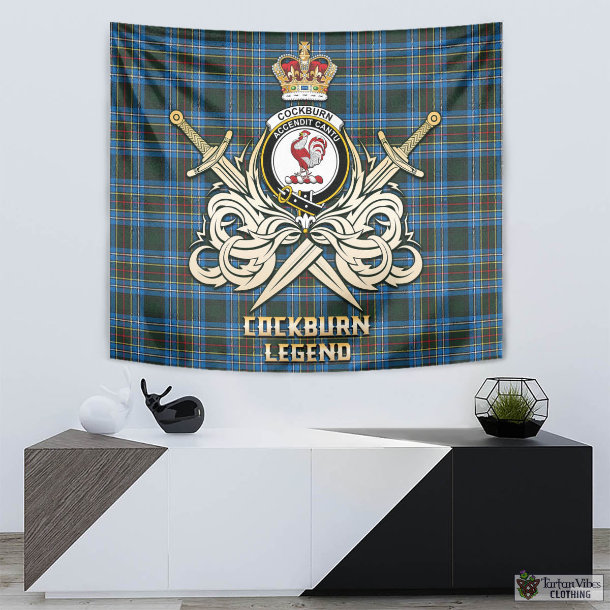 Tartan Vibes Clothing Cockburn Modern Tartan Tapestry with Clan Crest and the Golden Sword of Courageous Legacy