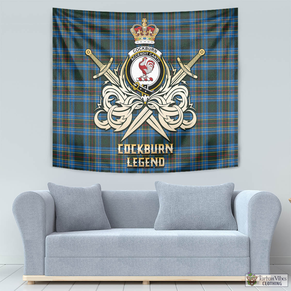 Tartan Vibes Clothing Cockburn Modern Tartan Tapestry with Clan Crest and the Golden Sword of Courageous Legacy