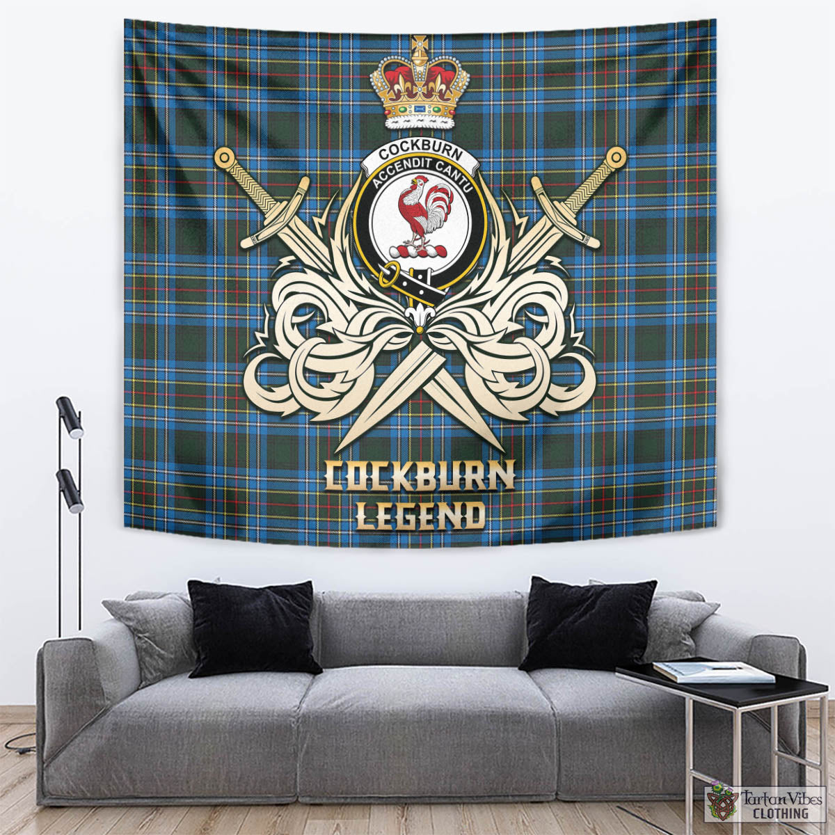 Tartan Vibes Clothing Cockburn Modern Tartan Tapestry with Clan Crest and the Golden Sword of Courageous Legacy