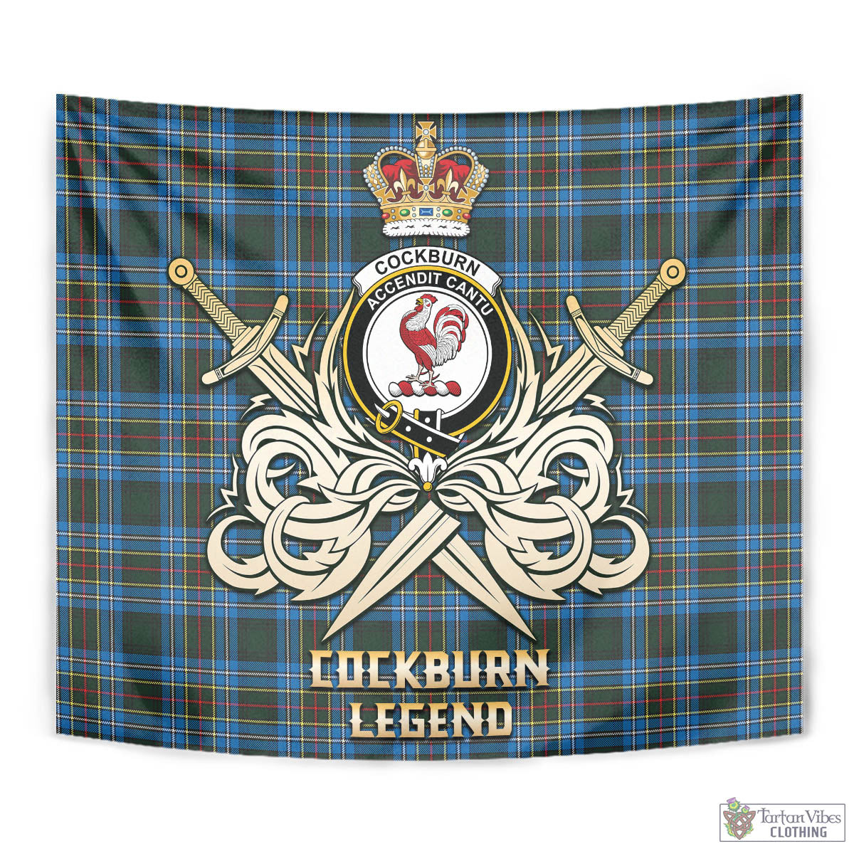 Tartan Vibes Clothing Cockburn Modern Tartan Tapestry with Clan Crest and the Golden Sword of Courageous Legacy