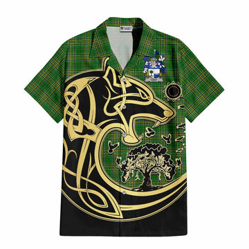 Coey Irish Tartan Short Sleeve Button Shirt with Coat of Arms Celtic Wolf Style