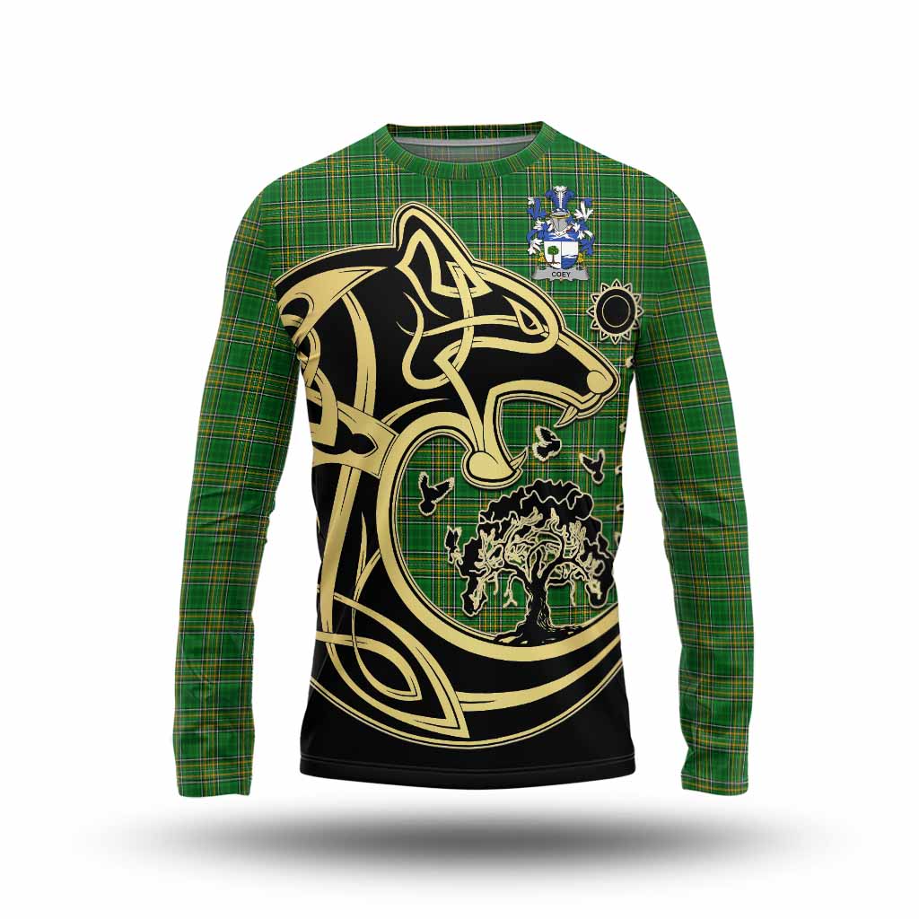 Tartan Vibes Clothing Coey Irish Tartan Long Sleeve T-Shirt with Coat of Arms Celtic Wolf Style