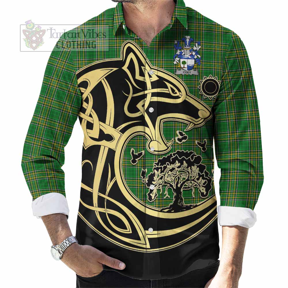 Tartan Vibes Clothing Coey Irish Tartan Long Sleeve Button Shirt with Coat of Arms Celtic Wolf Style