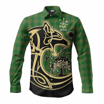 Coffey Irish Tartan Long Sleeve Button Shirt with Coat of Arms Celtic Wolf Style