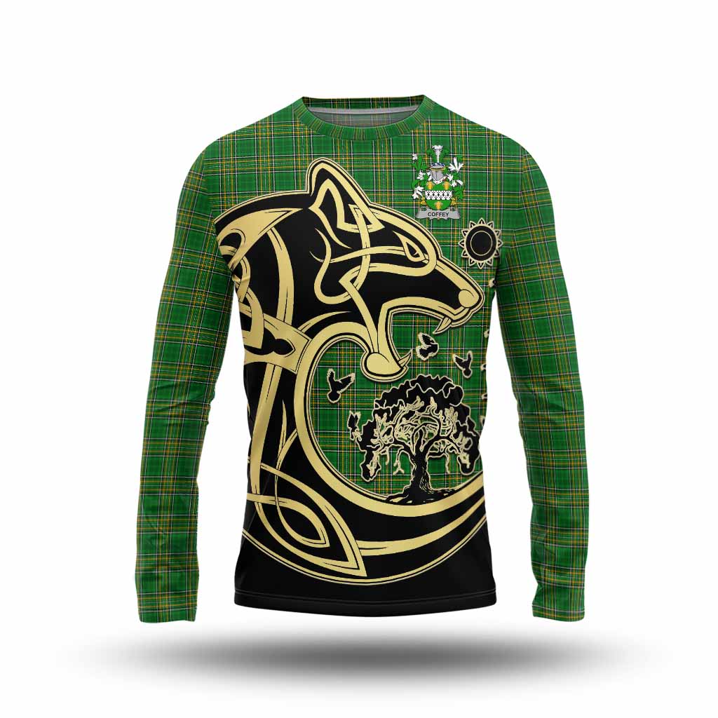 Tartan Vibes Clothing Coffey Irish Tartan Long Sleeve T-Shirt with Coat of Arms Celtic Wolf Style