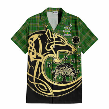 Coffey Irish Tartan Short Sleeve Button Shirt with Coat of Arms Celtic Wolf Style