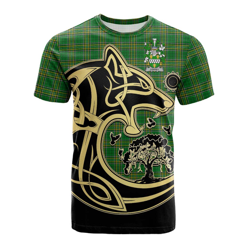 Tartan Vibes Clothing Coffey Irish Tartan Cotton T-shirt with Coat of Arms Celtic Wolf Style