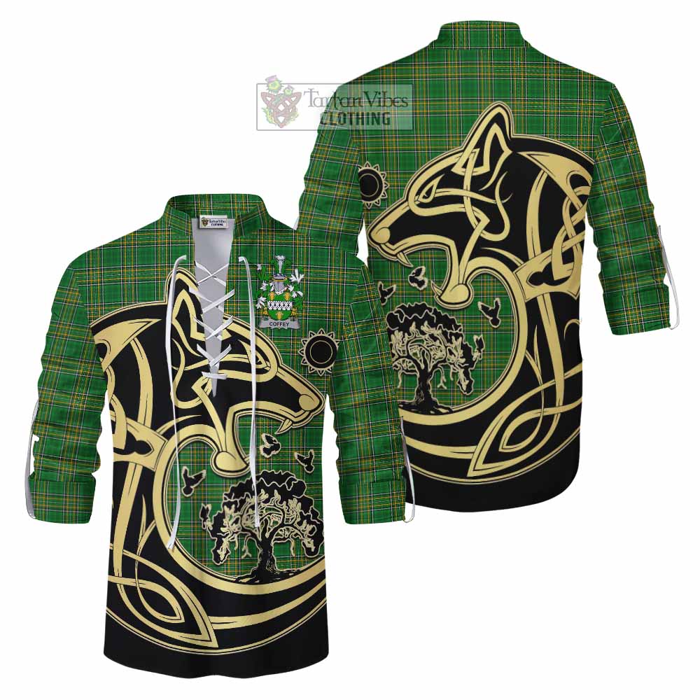 Tartan Vibes Clothing Coffey Irish Tartan Ghillie Kilt Shirt with Coat of Arms Celtic Wolf Style