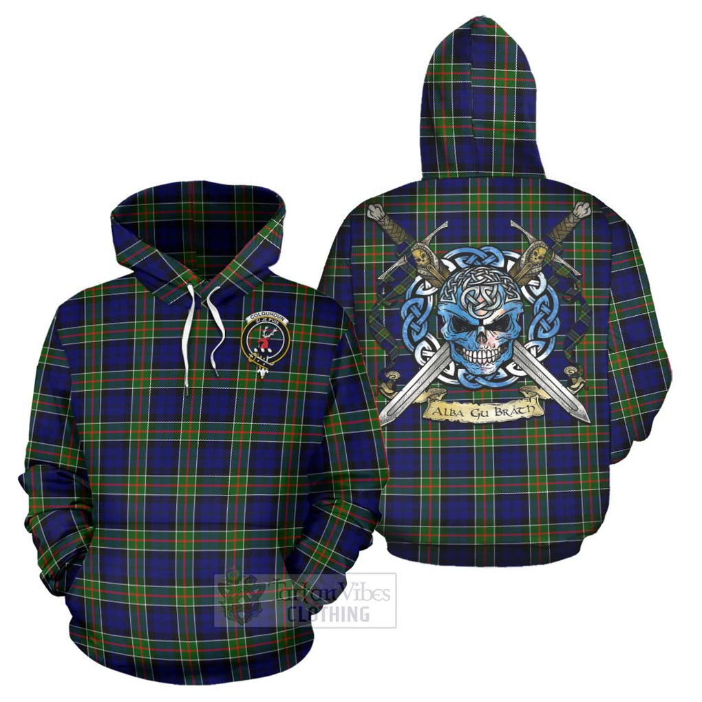 Tartan Vibes Clothing Colquhoun Tartan Hoodie with Family Crest Celtic Skull Style