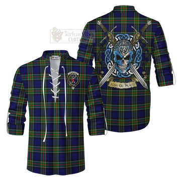 Colquhoun Tartan Ghillie Kilt Shirt with Family Crest Celtic Skull Style