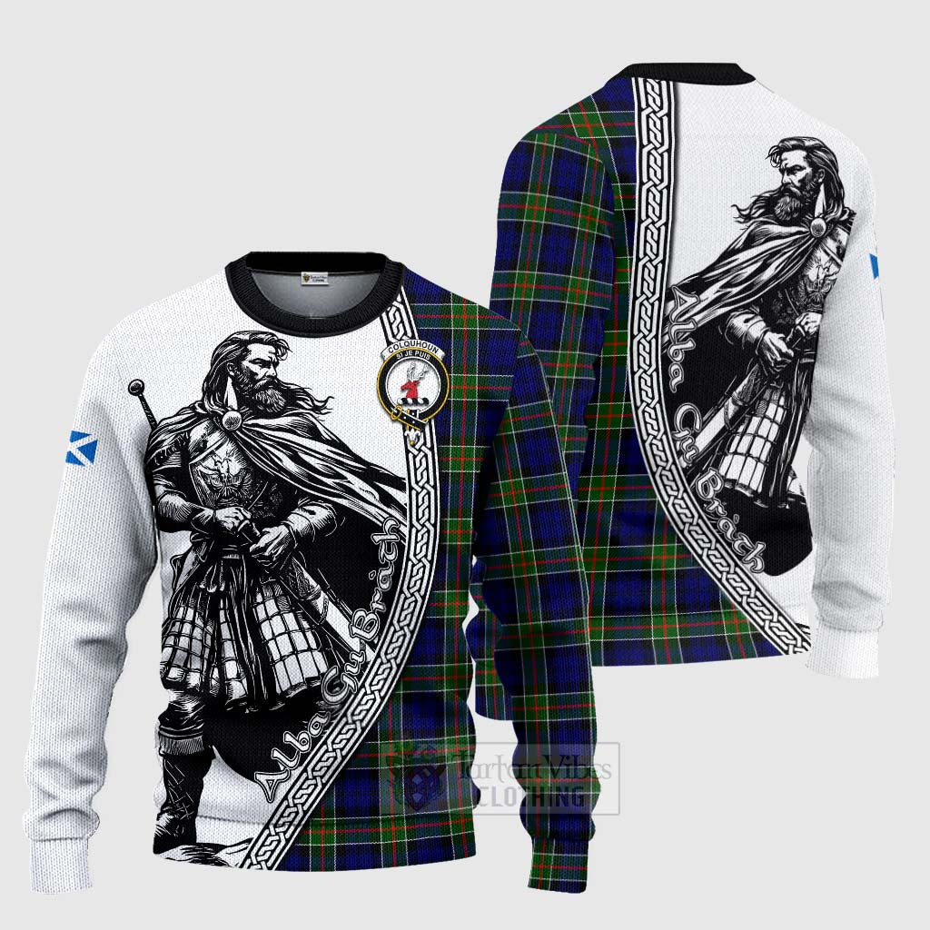 Tartan Vibes Clothing Colquhoun Tartan Clan Crest Knitted Sweater with Highlander Warrior Celtic Style