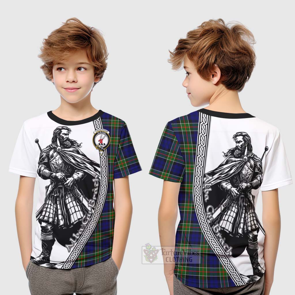 Tartan Vibes Clothing Colquhoun Tartan Clan Crest Kid T-Shirt with Highlander Warrior Celtic Style