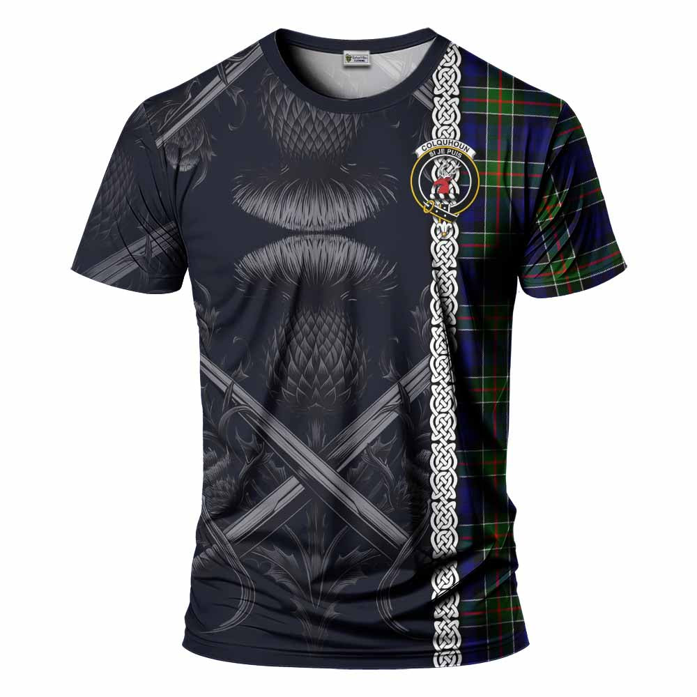 Tartan Vibes Clothing Colquhoun Tartan T-Shirt with Family Crest Cross Sword Thistle Celtic Vibes