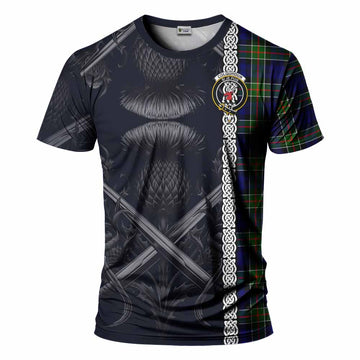 Colquhoun Tartan T-Shirt with Family Crest Cross Sword Thistle Celtic Vibes