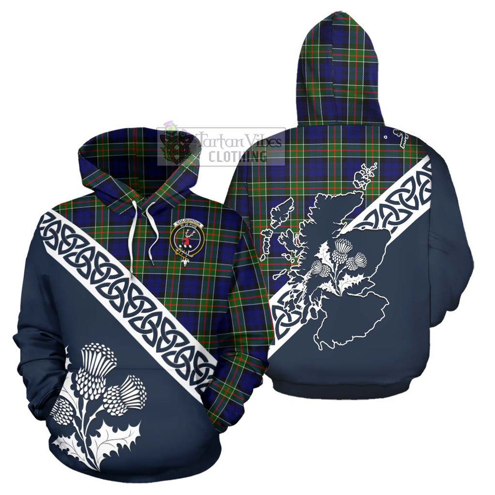 Tartan Vibes Clothing Colquhoun Tartan Hoodie Featuring Thistle and Scotland Map