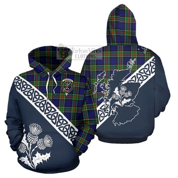 Colquhoun Tartan Hoodie Featuring Thistle and Scotland Map