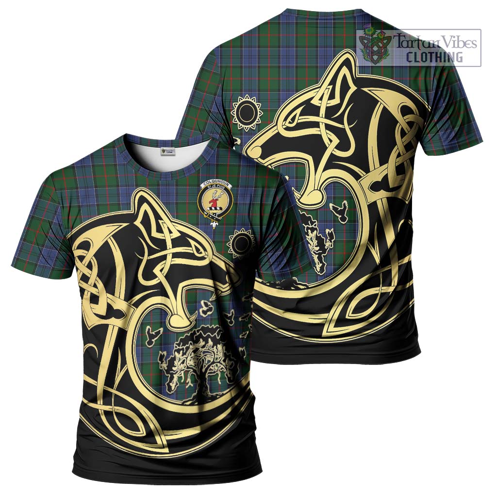 Tartan Vibes Clothing Colquhoun Tartan T-Shirt with Family Crest Celtic Wolf Style