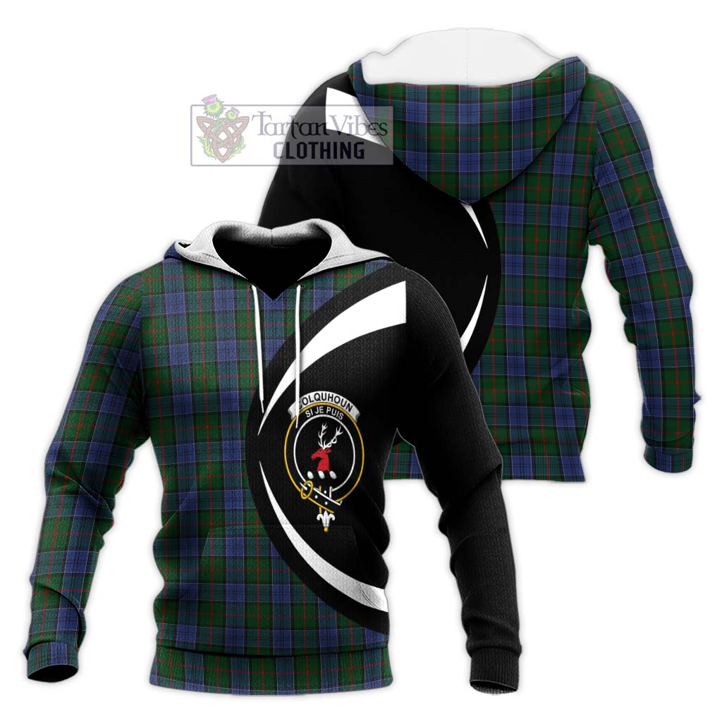 Colquhoun Tartan Knitted Hoodie with Family Crest Circle Style Unisex Knitted Pullover Hoodie - Tartan Vibes Clothing