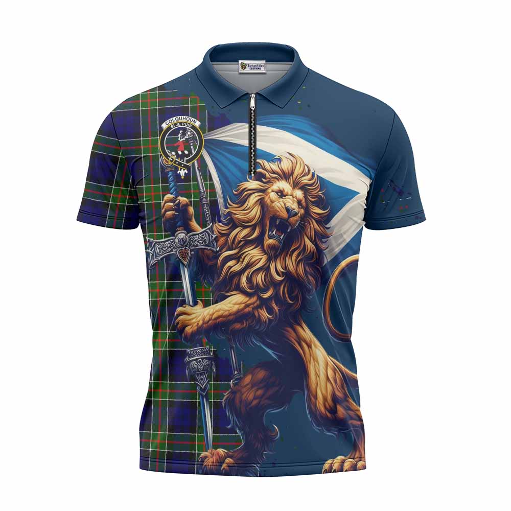 Tartan Vibes Clothing Colquhoun Tartan Family Crest Zipper Polo Shirt with Scottish Majestic Lion