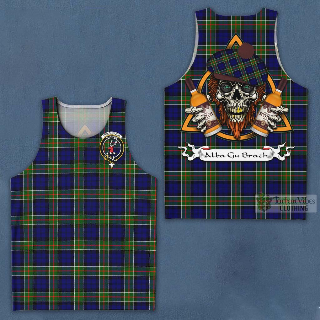 Tartan Vibes Clothing Colquhoun Tartan Men's Tank Top with Family Crest and Bearded Skull Holding Bottles of Whiskey